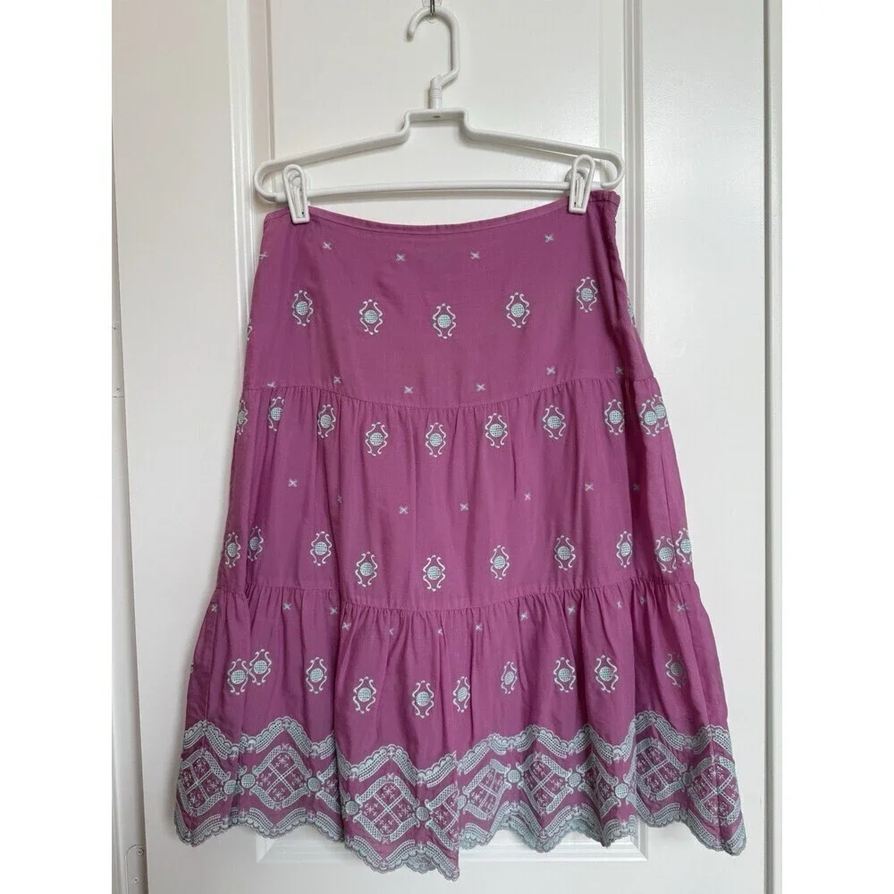 Tibi Women’s‎ Cotton Silk Pink Embroidered Tiered Scalloped Hem Skirt Sz 6 Lined